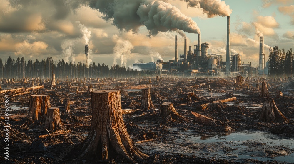 Poster a deforested area with tree stumps, and a factory emitting pollution in the background, capturing th
