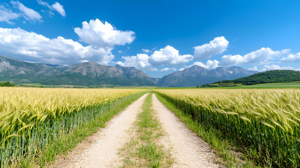 Country road through barley field, mountains background, summer day, scenic landscape