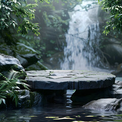Obraz premium Stone Platform by Waterfall with Pool and Vegetation