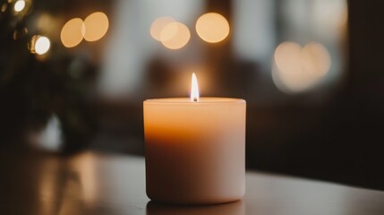 Glowing Candlelit Ambiance: A Single Warm Flame Creates a Cozy and Intimate Atmosphere with Bokeh Lights in the Background, Perfect for Relaxation.