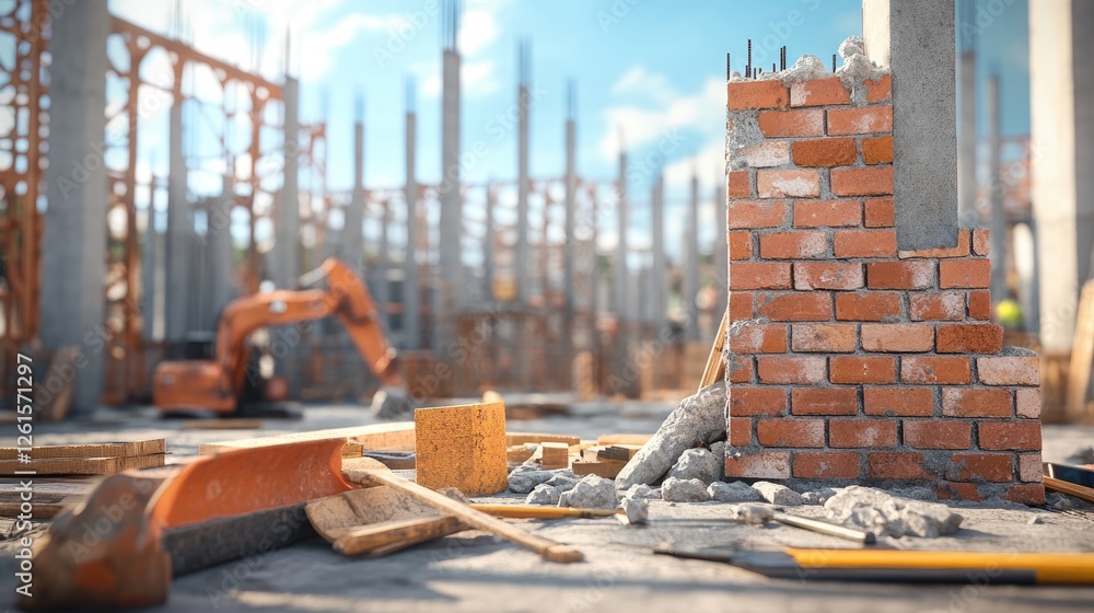 Poster a detailed 3d render of a construction site with a half-built brick wall and scattered tools, emphas
