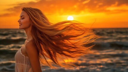 Naklejka premium Woman with flowing hair against a sunset beach