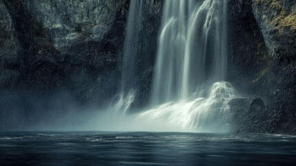 Majestic waterfall cascading down dark rocks into a calm pool, misty background