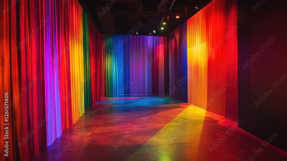 Poster a dimly lit room bathed in vibrant rainbow lights, creating a captivating play of colors and shadows