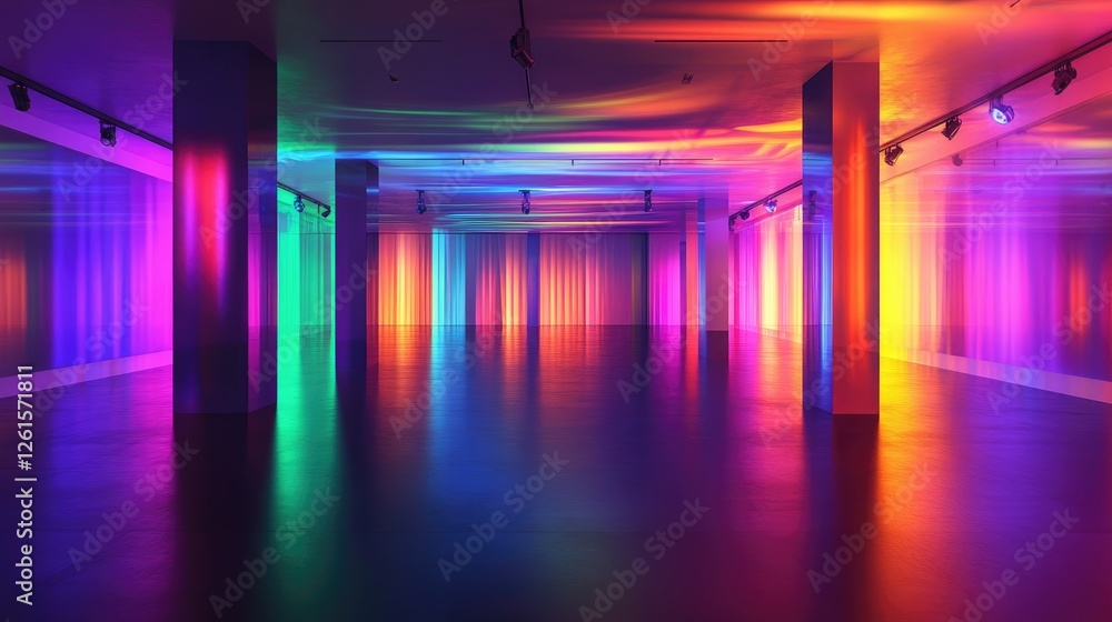 Poster a dimly lit room bathed in vibrant rainbow lights, creating a captivating play of colors and shadows