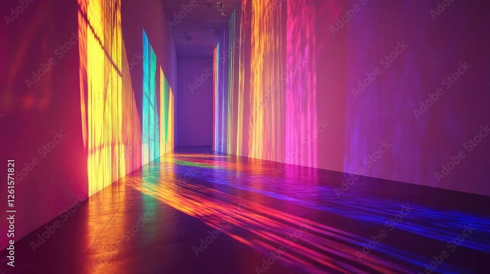 Poster a dimly lit room bathed in vibrant rainbow lights, creating a captivating play of colors and shadows