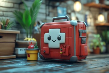 Cute first aid kit, wooden table, plant, workshop