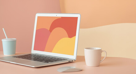 Fototapeta premium A laptop is open on a table with a cup of coffee next to it