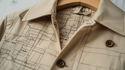 Detailed close-up of a beige shirt collar featuring a unique map design, showcasing intricate patterns