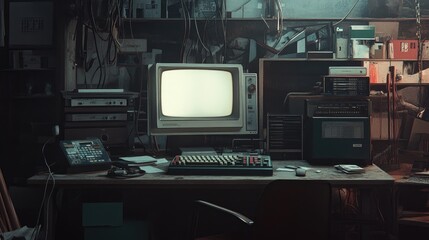 A dusty workstation with outdated technology, cables, and old equipment, set in a forgotten room, illustrating the passage of time in computing and electronics