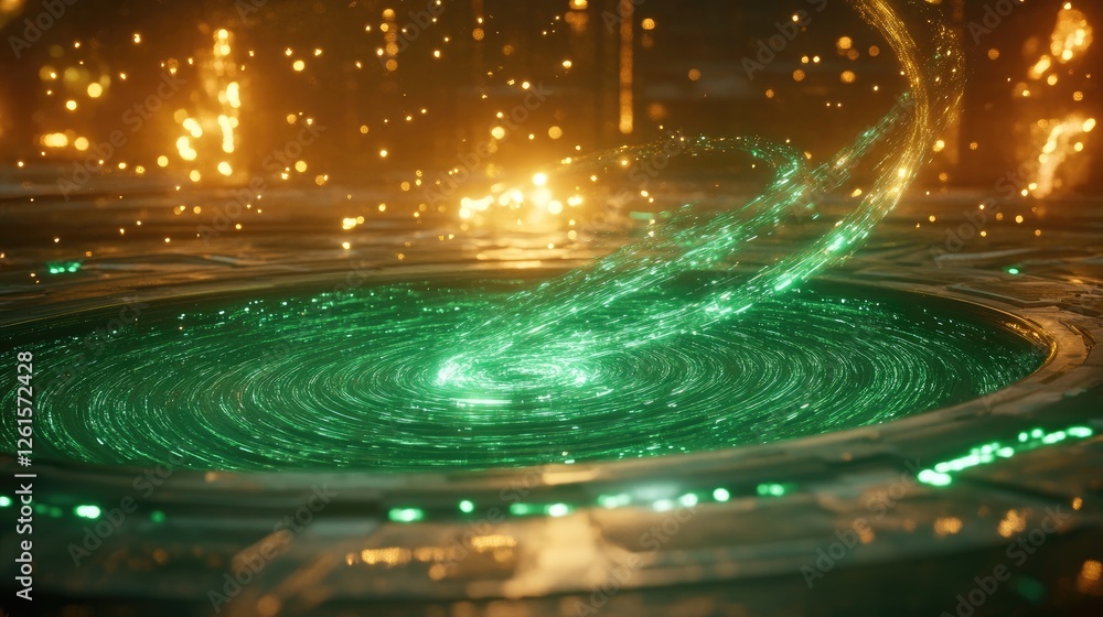 Aufkleber a dynamic scene with green holographic data waves spiraling towards a glowing platform, conveying a 