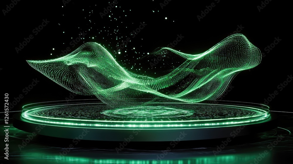 Poster a dynamic scene with green holographic data waves spiraling towards a glowing platform, conveying a 