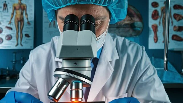 Forensic pathologist conducts autopsy, scrutinizing tissue sample under microscope in dimly lit lab with medical tools.