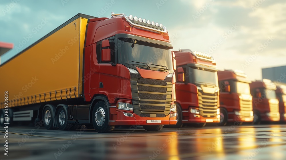 Poster a fleet of freight trucks standing ready at a loading dock, symbolizing logistics efficiency, with a