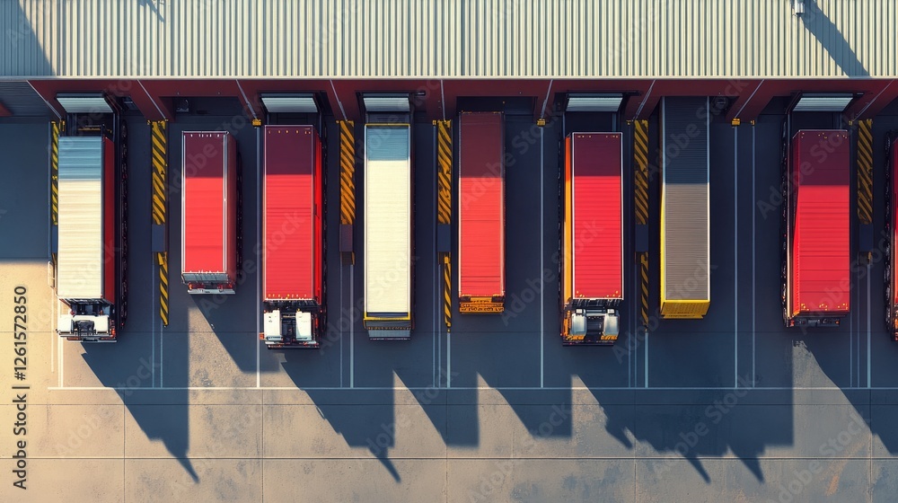 Poster A fleet of large trucks lined up at a loading dock, prepared for freight transport. Open space available for text or design elements