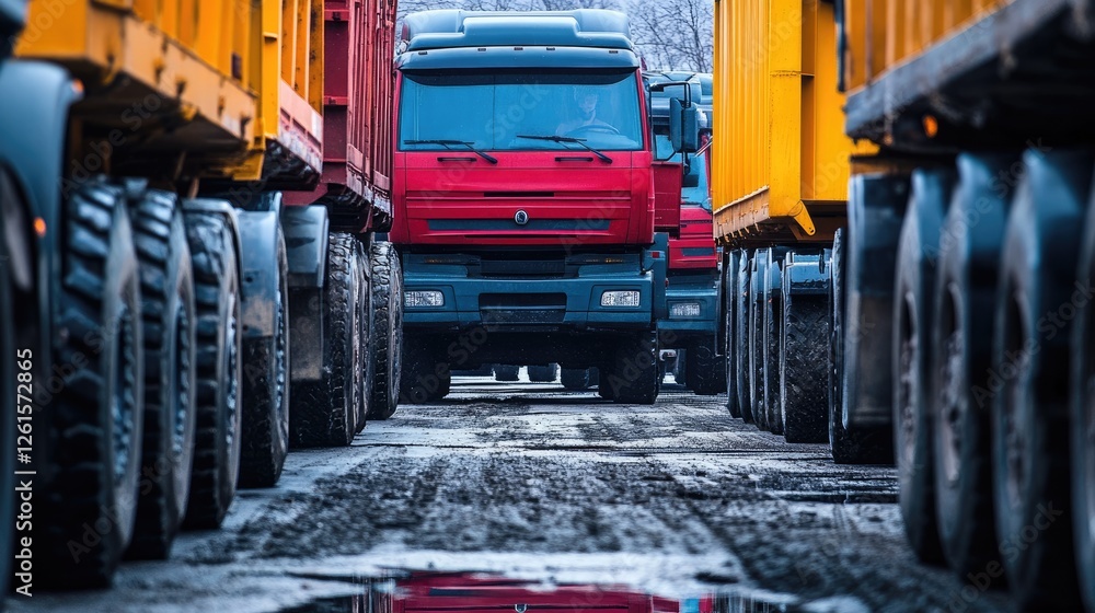 Poster A fleet of large trucks lined up at a loading dock, prepared for freight transport. Open space available for text or design elements