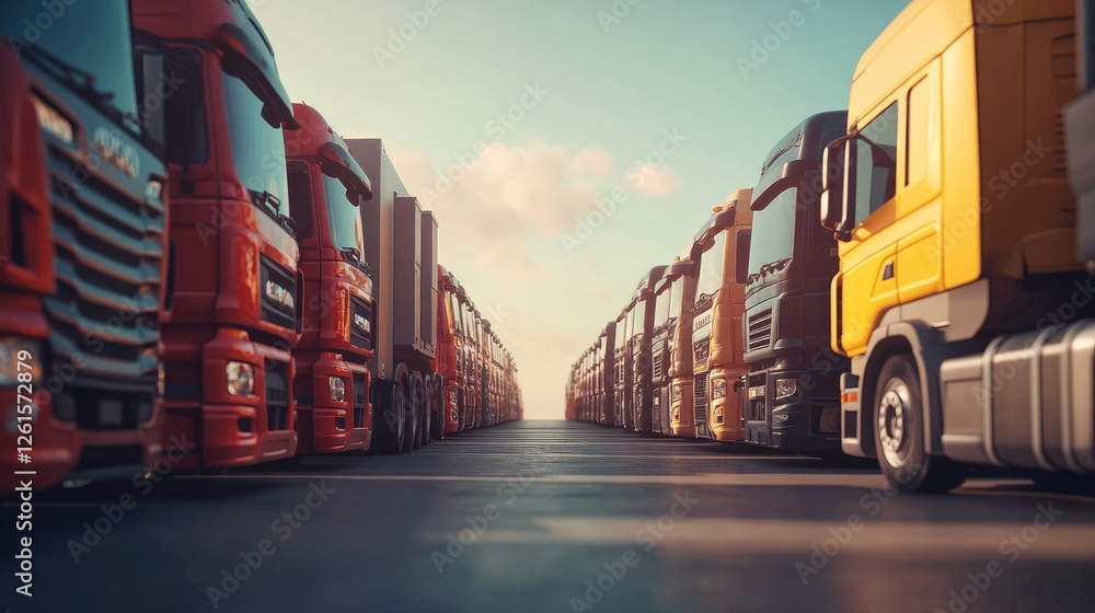 Poster a fleet of trucks parked in a row at a loading dock, ready for freight deliveries, with wide open sp
