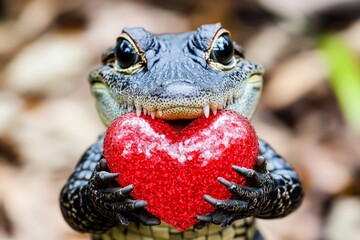 Fototapeta premium Commercial animal concept design. Crocodile - my cherished animal. Cute crocodile baby with sparkling rhinestones red heart on in a natural habitat. Romantic animal encounter. Wild love.