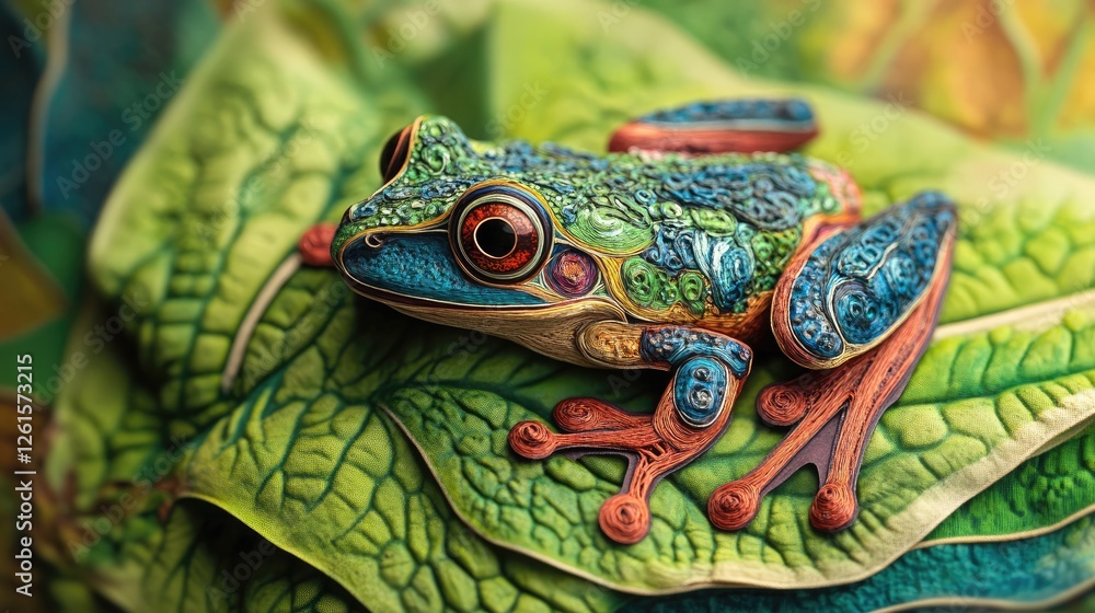 Poster a frog resting on a green leaf, with intricate details of its colorful body and the surrounding natu