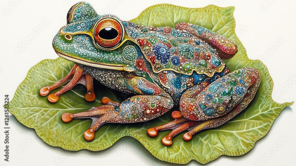 Poster a frog resting on a green leaf, with intricate details of its colorful body and the surrounding natu