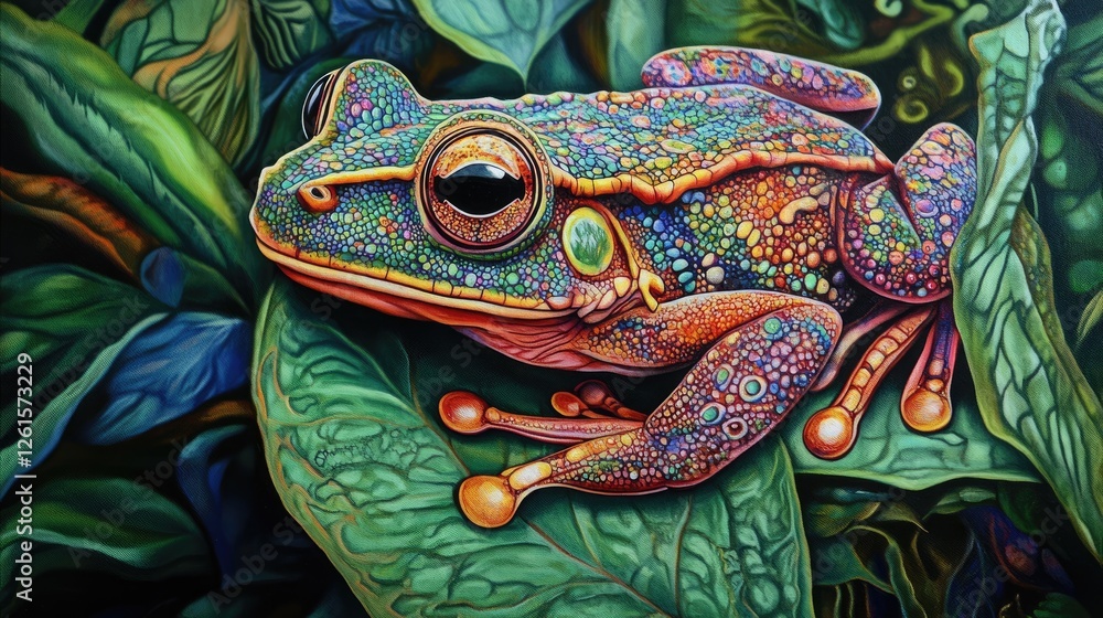 Poster a frog resting on a green leaf, with intricate details of its colorful body and the surrounding natu