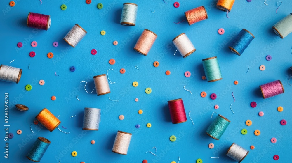 Poster A fun and creative display of multicolored thread spools scattered across a blue background, with vivid hues creating a dynamic scene