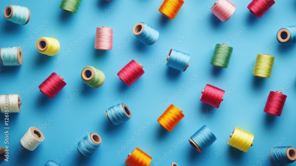 Leinwandbilder A fun and creative display of multicolored thread spools scattered across a blue background, with vivid hues creating a dynamic scene