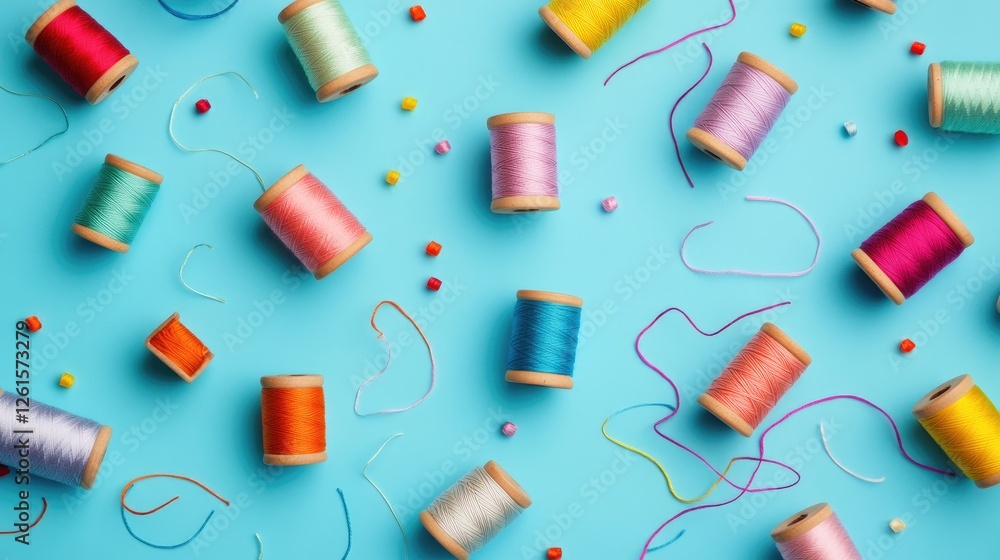 Poster A fun and creative display of multicolored thread spools scattered across a blue background, with vivid hues creating a dynamic scene