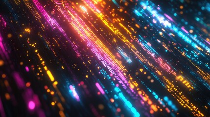 A futuristic digital background with colorful light streaks and binary code, illustrating data transfer and the technology concept in a creative design