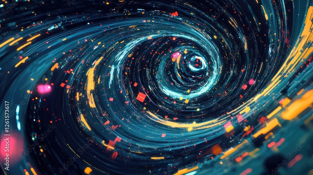 Poster A futuristic digital world with swirling lines of data interspersed with glowing tech communication icons, creating a sense of tech flow and connectivity