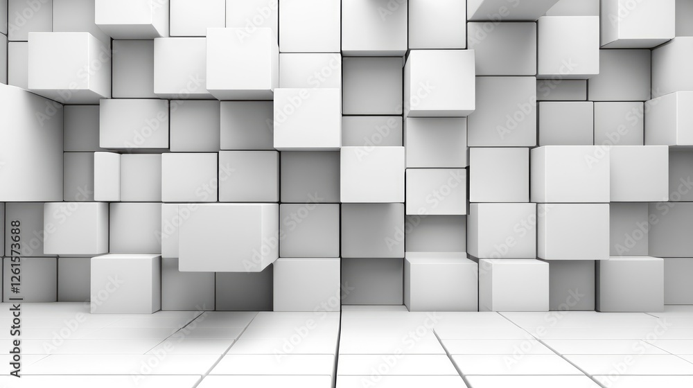 Poster A futuristic scene of overlapping 3D cubes in a random arrangement, creating an exciting, dimensional space with shadow and depth