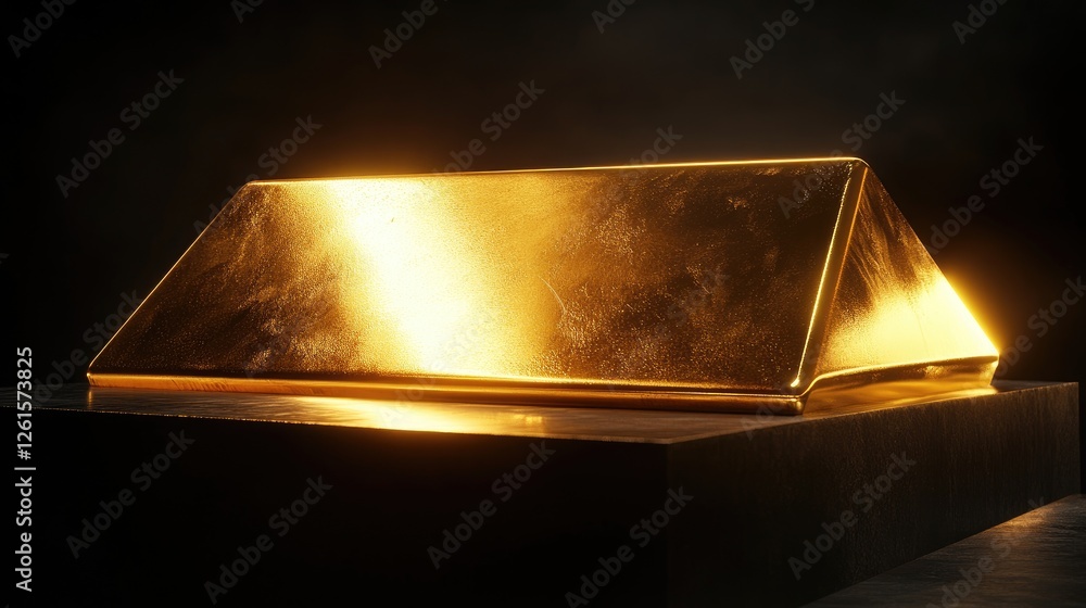 Aufkleber A gleaming gold bar balanced on a scale, illuminated by soft studio lighting, highlighting its shiny surface against a dark background