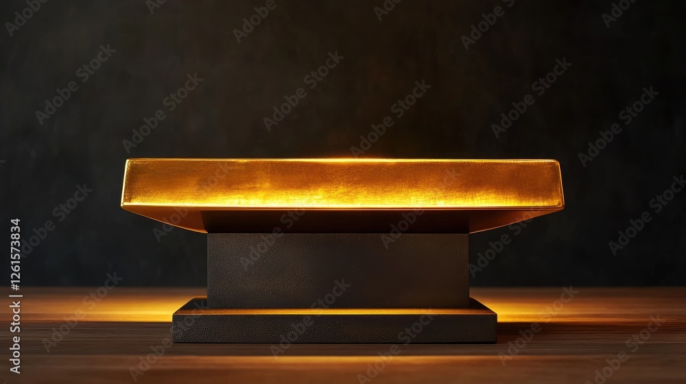 Aufkleber A gleaming gold bar balanced on a scale, illuminated by soft studio lighting, highlighting its shiny surface against a dark background