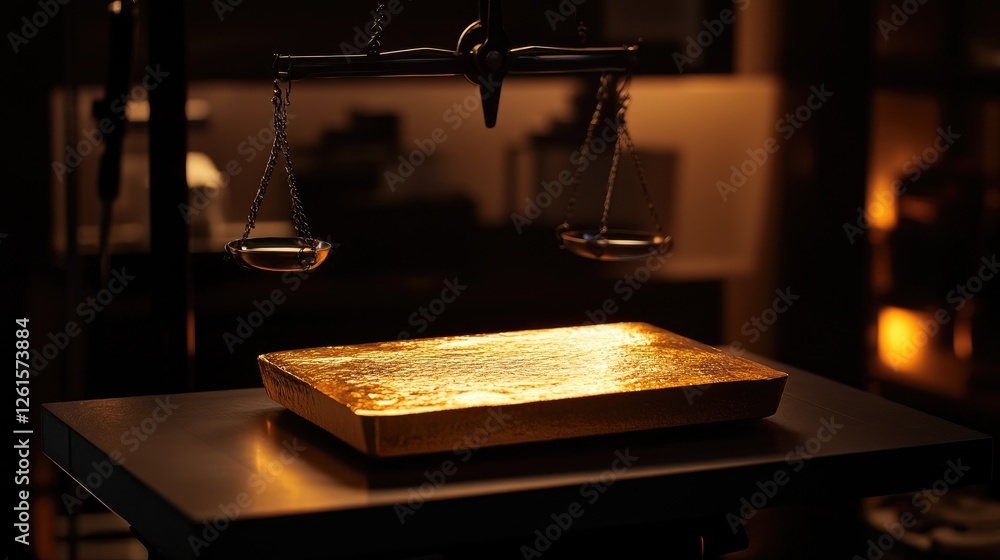 Aufkleber a gleaming gold bar on a scale, with dramatic studio lighting highlighting its texture, symbolizing 