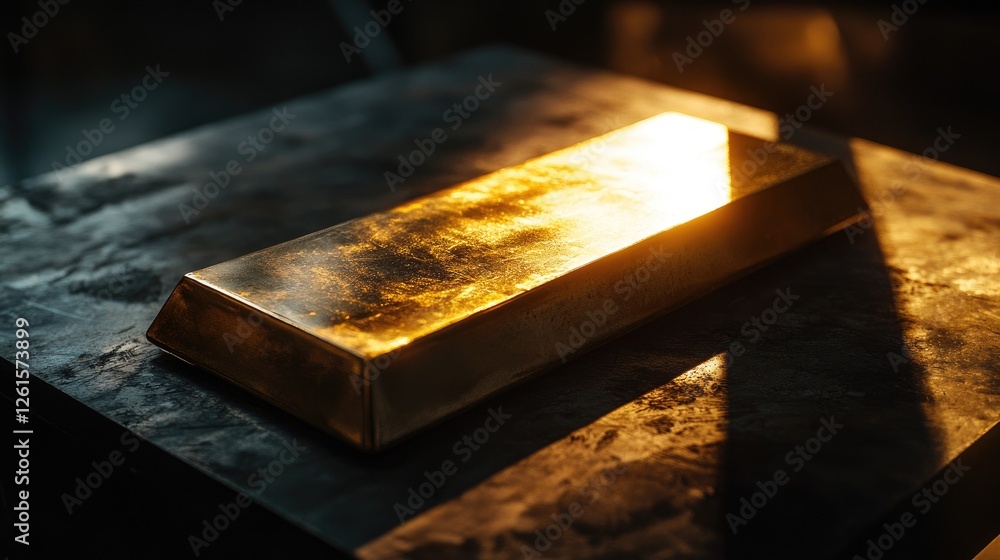 Poster A gleaming gold bar on a scale, with dramatic studio lighting highlighting its texture, symbolizing wealth, value, and precision in an elegant studio setup