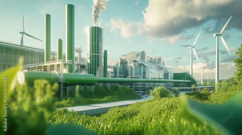 Poster a green factory with an integrated hydrogen pipeline and wind turbines in the background, highlighti