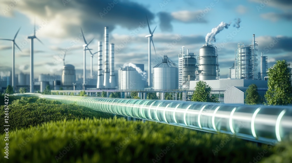 Aufkleber a green factory with an integrated hydrogen pipeline and wind turbines in the background, highlighti