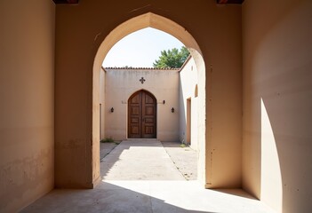 Fototapeta premium Minimalist Arched Entrance: Textured Plaster Walls Frame a Serene Courtyard View, Creating a Sense of Calm and Spaciousness, Perfect for Real Estate and Design Projects.