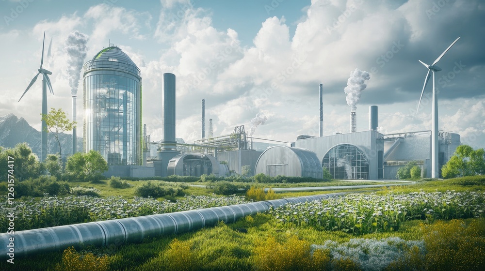 Poster a green factory with an integrated hydrogen pipeline and wind turbines in the background, highlighti