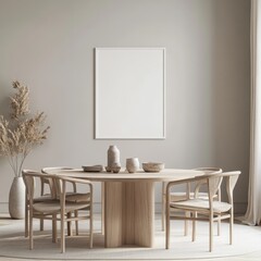 Modern minimalist dining room with blank art display
