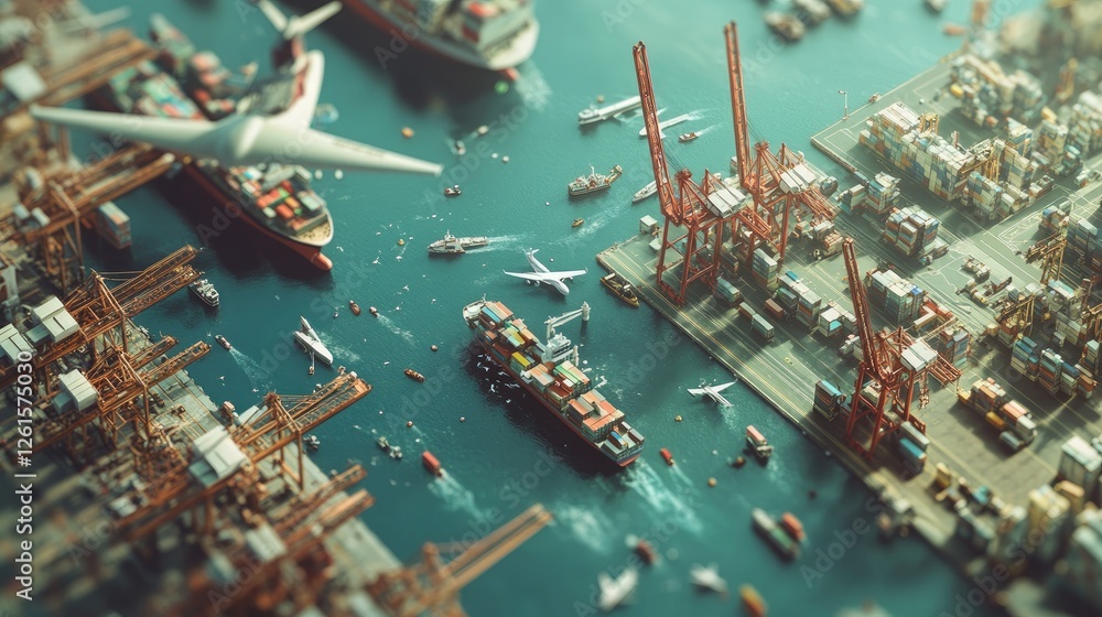 Poster a high-altitude shot of a logistics hub with cranes, ships, and planes in motion, capturing the comp