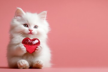 Himalayan - my preferred cat. Marketing conceptual art. Cute himalayan baby cat with sparkling rhinestones red heart - sign of love, funny greeting card. February animal valentine theme.