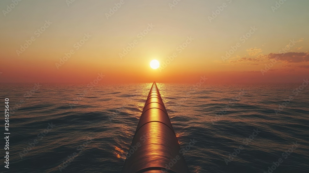 Poster a long oil pipeline extending into the sea with a setting sun on the horizon, symbolizing energy tra