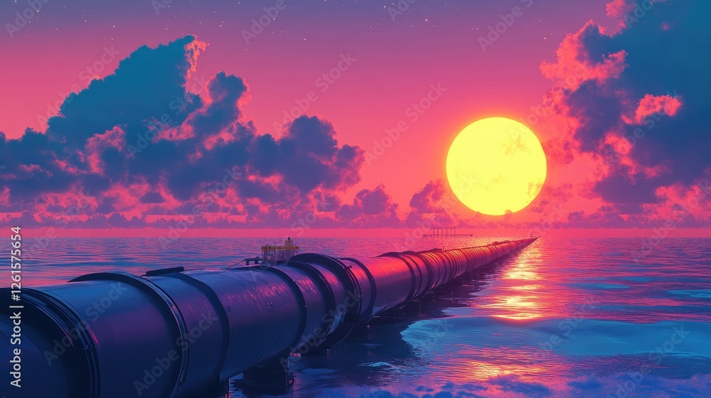 Poster a long oil pipeline extending into the sea with a setting sun on the horizon, symbolizing energy tra