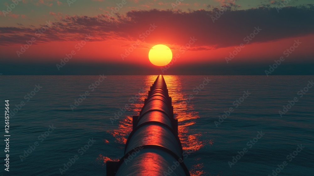 Poster a long oil pipeline extending into the sea with a setting sun on the horizon, symbolizing energy tra