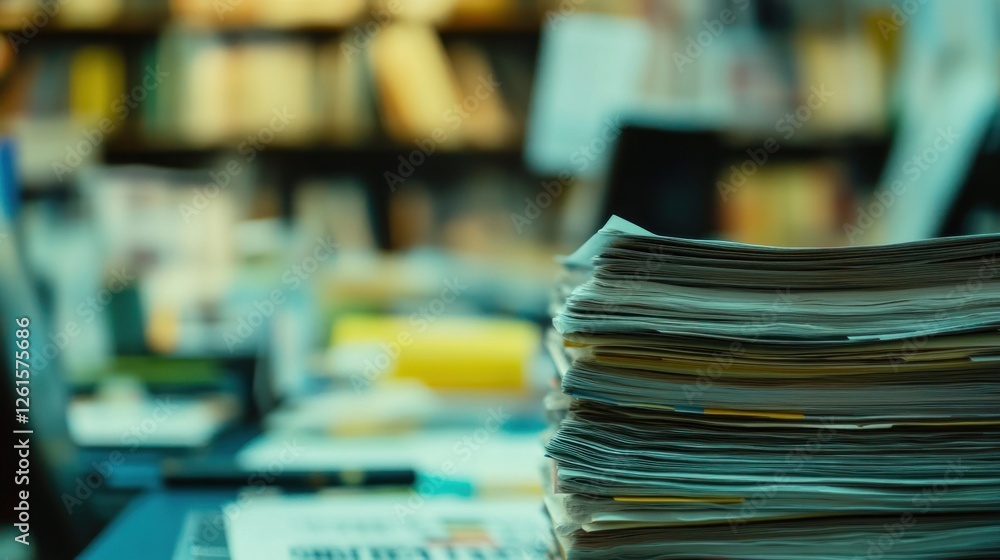 Poster stacked papers on desk in busy library background