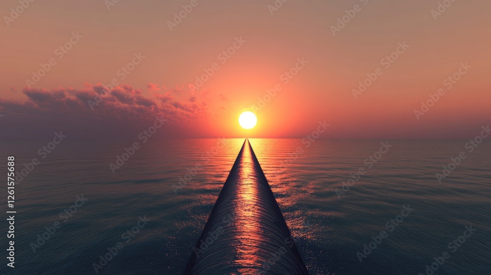 Poster a long oil pipeline extending into the sea with a setting sun on the horizon, symbolizing energy tra