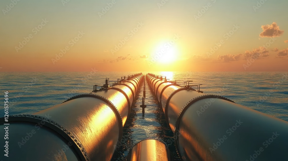 Poster a long oil pipeline stretching into the sea during sunset, creating a visual connection between ener
