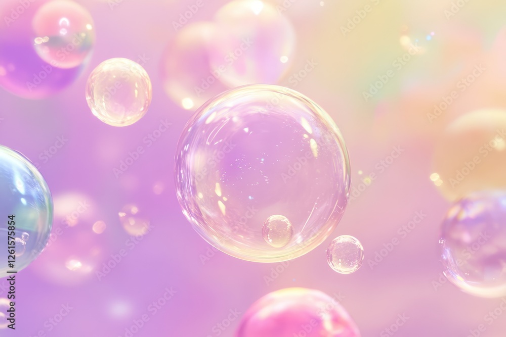 Poster a close-up of multicolored oil bubbles suspended in a liquid environment with soft gradient lighting