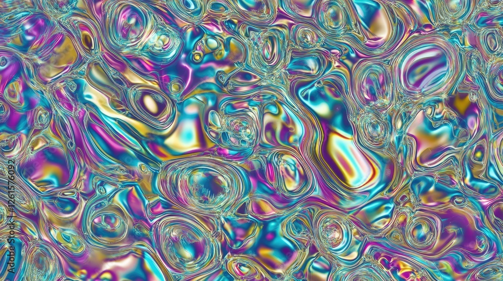 Poster a mesmerizing, seamless holographic liquid metal pattern with shifting colors, evoking a futuristic 